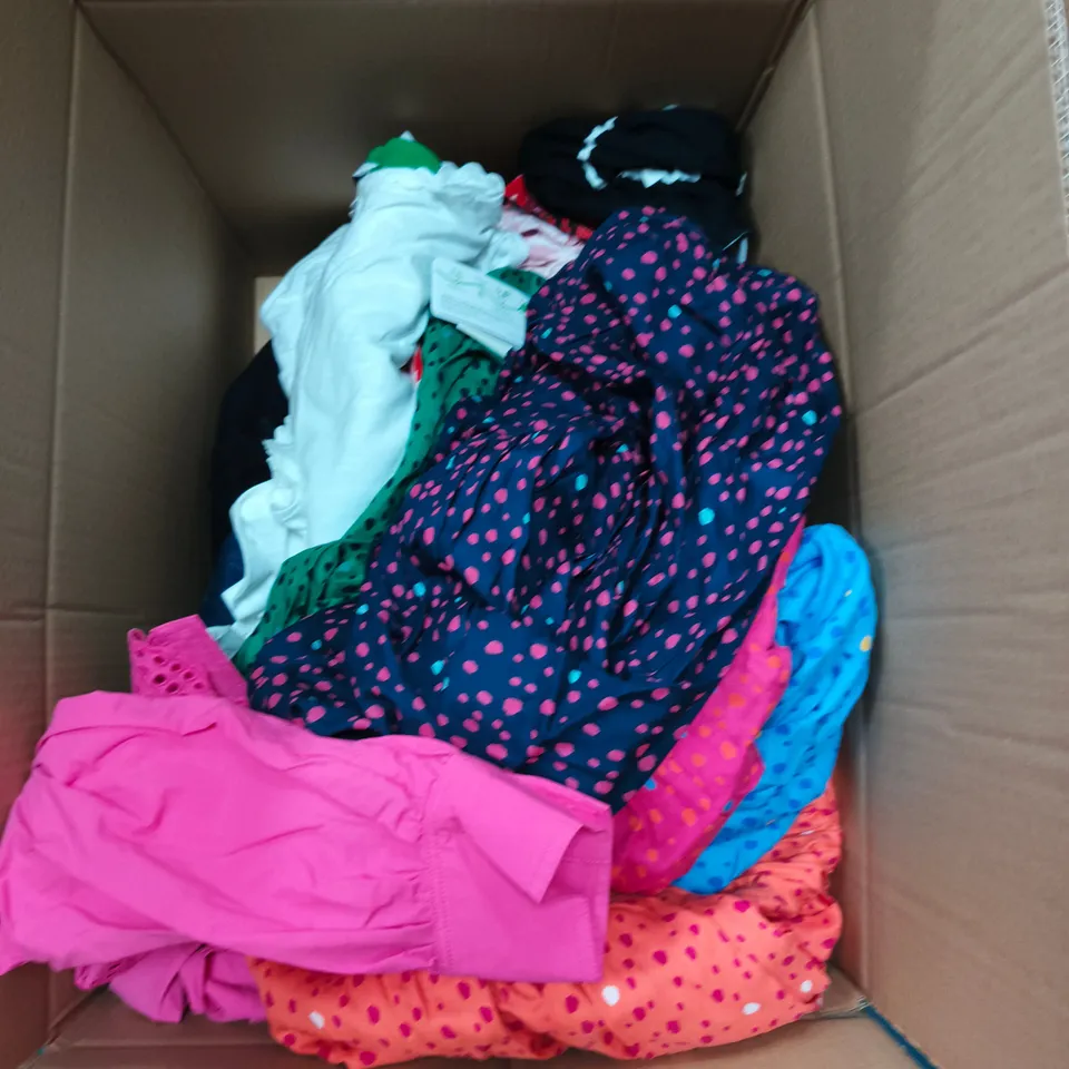 BOX OF APPROXIMATELY 20 ASSORTED CLOTHING ITEMS TO INCLUDE: PINK DRESS AND BLUE NIGHTGOWN