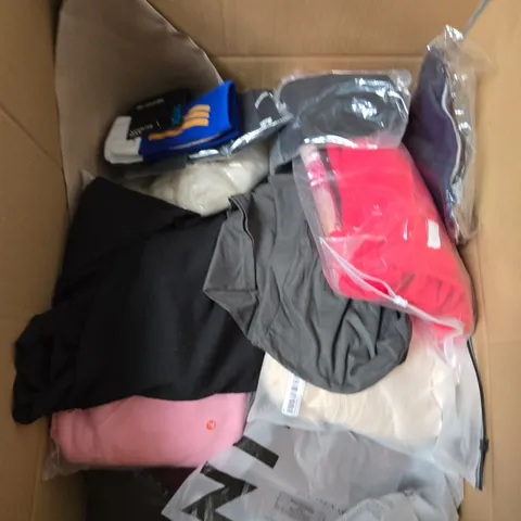 LARGE BOX OF ASSORTED CLOTHING ITEMS IN VARIOUS SIZES, STYLES AND COLOUR 