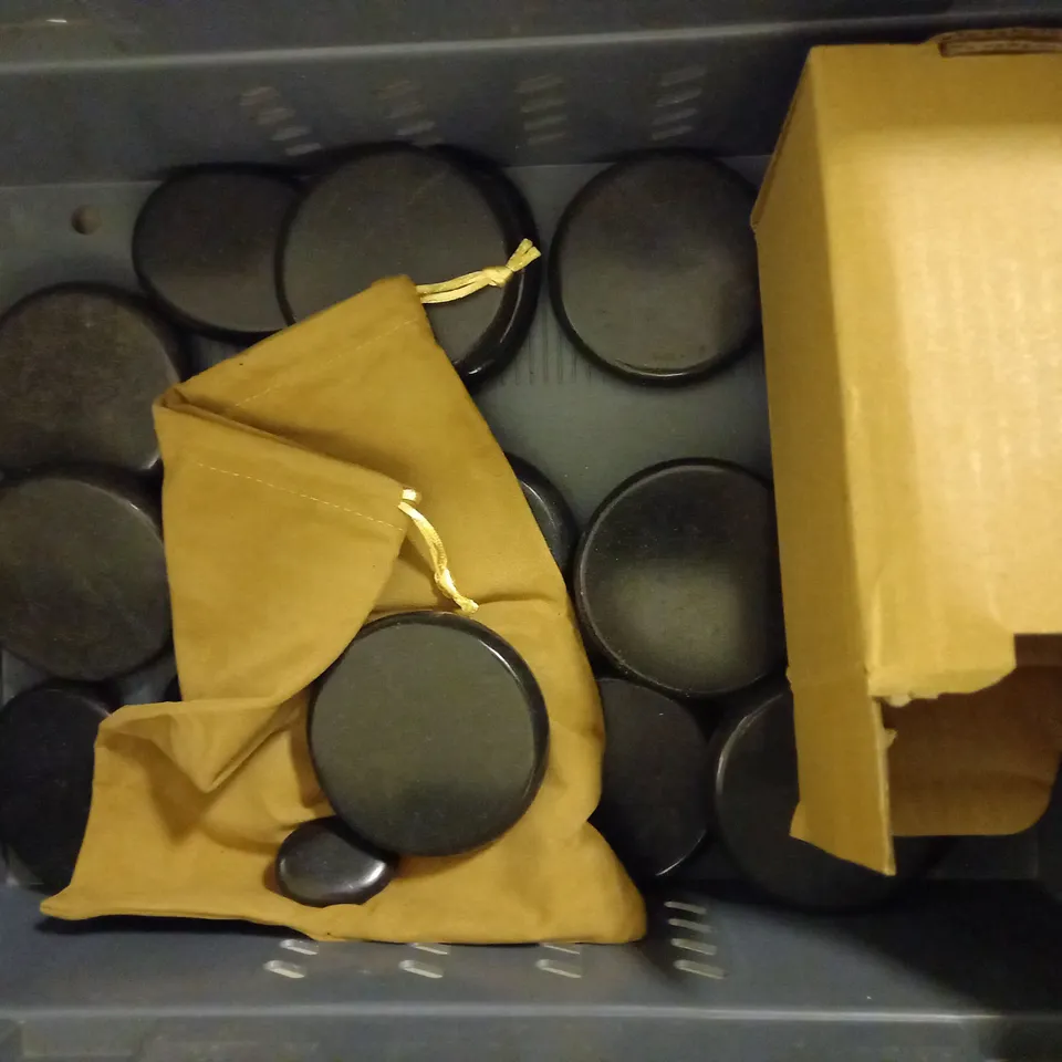 BOX OF APPROXIMATELY 25 STONES FOR HOT STONE MASSAGE