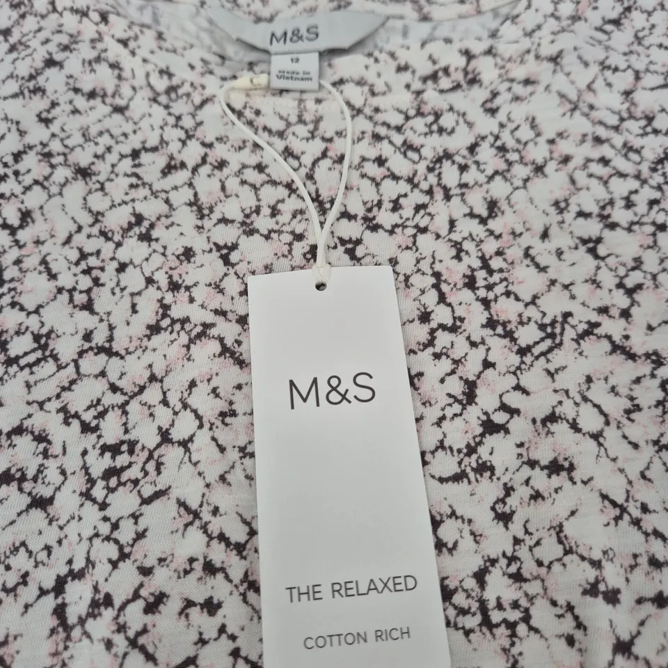M&S THE RELAXED COTTON RICH FLORAL PRINT SHORT-SLEEVE TOP, UK SIZE 12
