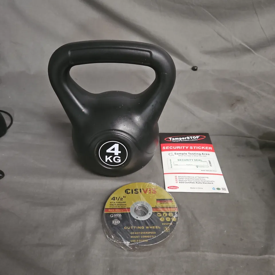 APPROXIMATELY 15 ASSORTED HOUSEHOLD ITEMS TO INCLUDE  4KG WEIGHT, SECURITY STICKER, CISIVIS CUTTING WHEEL , ETC 