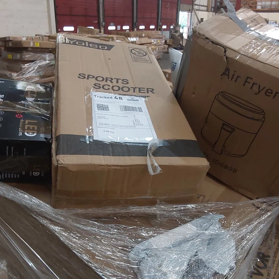 PALLET CONTAINING A LARGE QUANTITY OF ASSORTED CONSUMER PRODUCTS INCLUDING: SPORTS SCOOTER, AIR FRYER, PRINTER, LED SOLAR LIGHTS ECT ECT