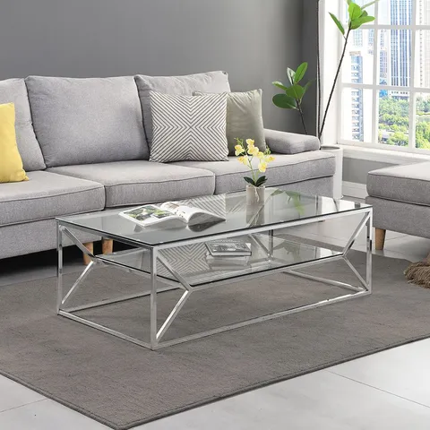 BRAND NEW BOXED BALNAIN CLEAR GLASS TOP COFFEE TABLE WITH SILVER FRAME (1 BOX)