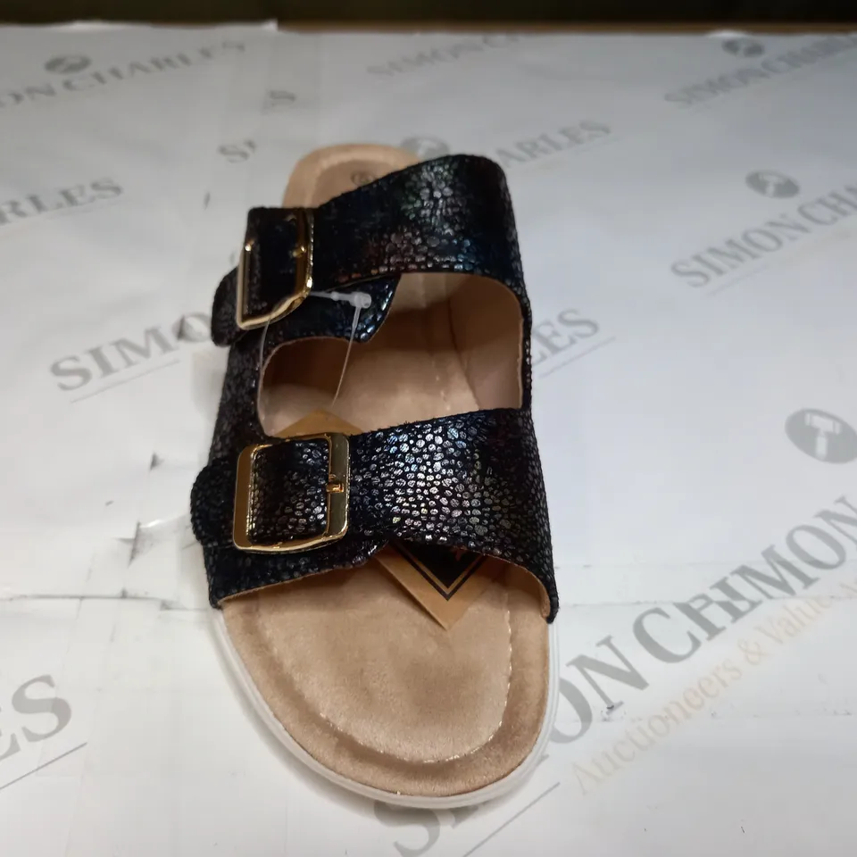 BOXED PAIR OF CUSHION WALK DOUBLE BUCKLE MULES IN BLACK - SIZE 5