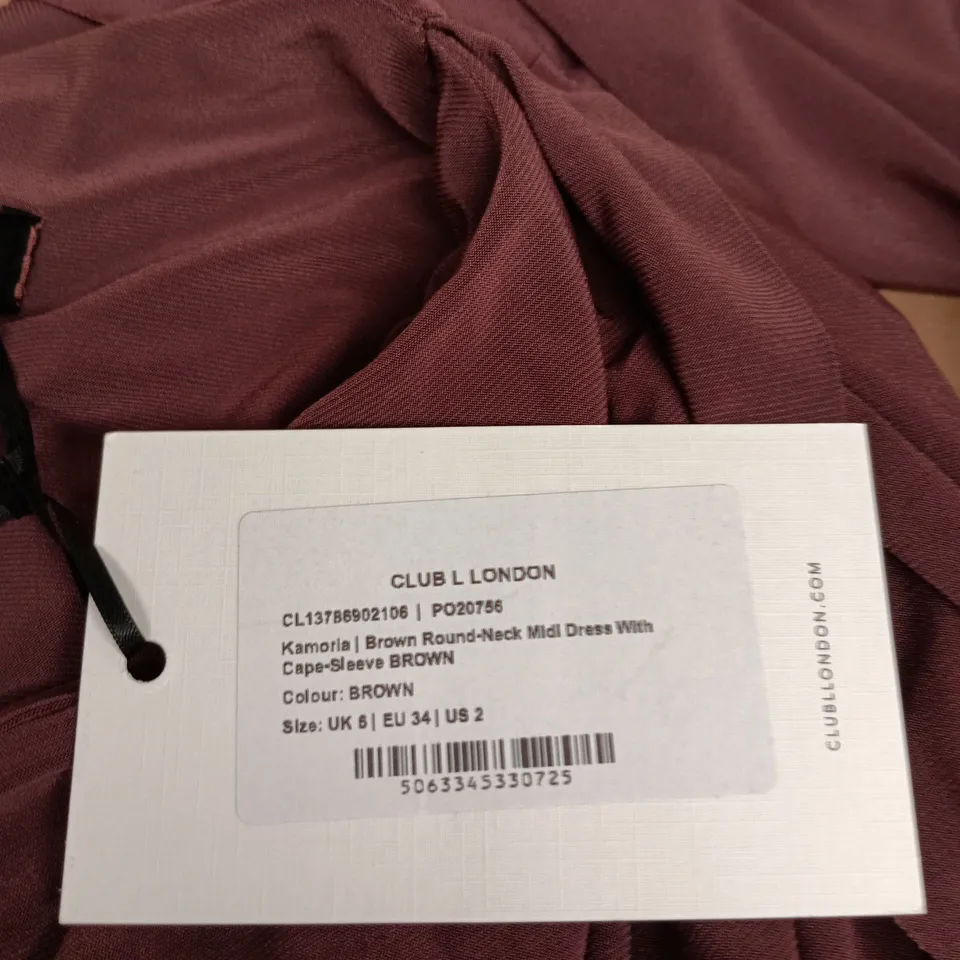 CLUB L LONDON BROWN ROUND-NECK MIDI DRESS WITH CAPE SLEEVES – UK 6 (EU 34 / US 2)