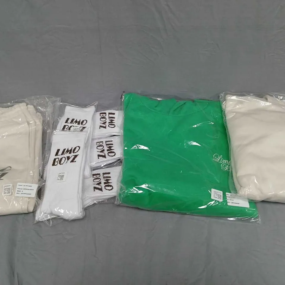 LARGE BOX OF ASSORTED LIMO BOYZ CLOTHING TO INCLUDE HOODIES, PANTS, AND SOCKS ETC.