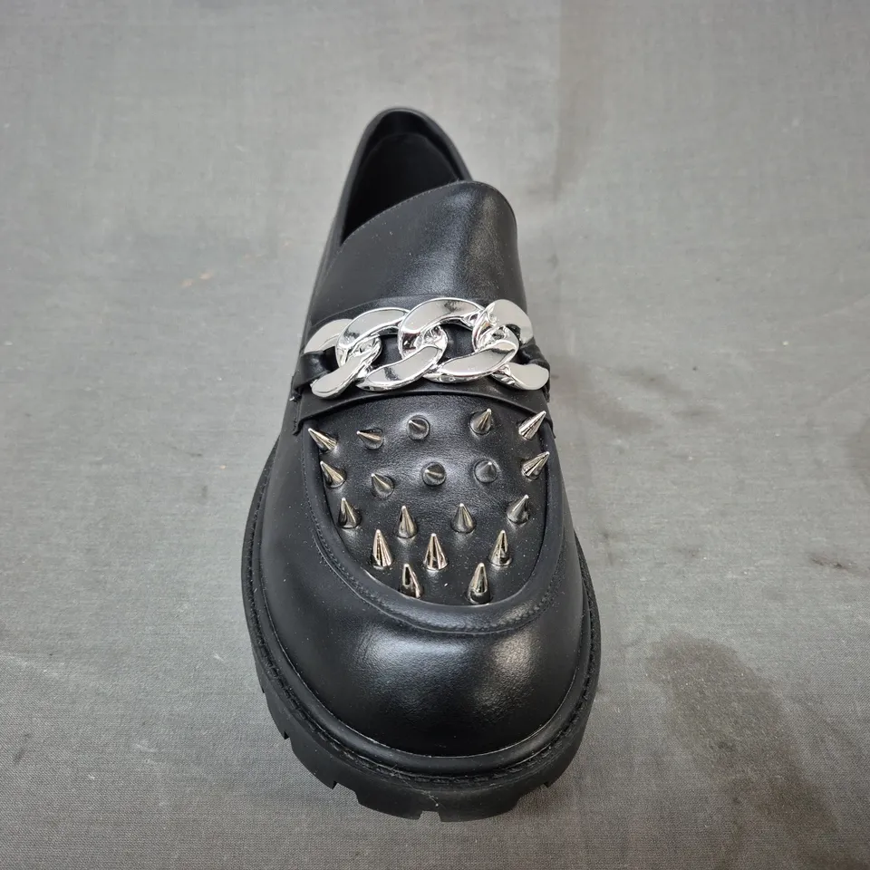 BOXED PAIR OF KOI THE GRAVE WARDEN MEN'S SPIKED LOAFERS IN BLACK UK SIZE 12