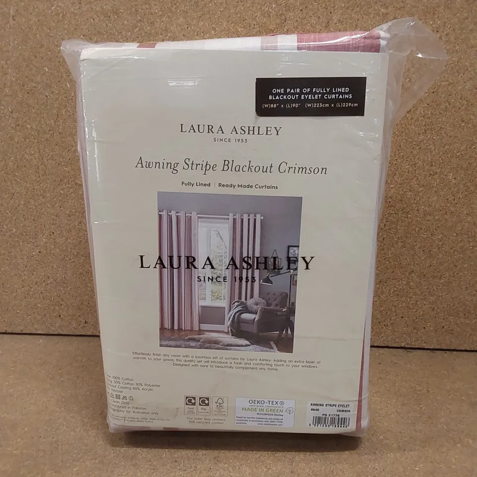 BAGGED AWNING STRIPE COTTON BLACKOUT GROMMET / EYELET CURTAIN PAIR - CRIMSON // SIZE: 88 X 90"