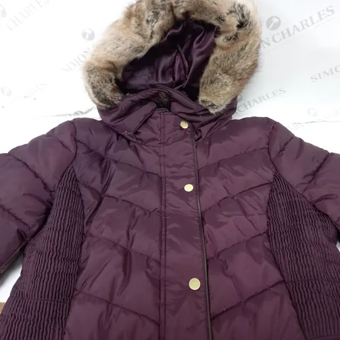 JOULES CHERINGTON PADDED FAUX FUR TRIM HOODED COAT BURGUNDY SIZE 14