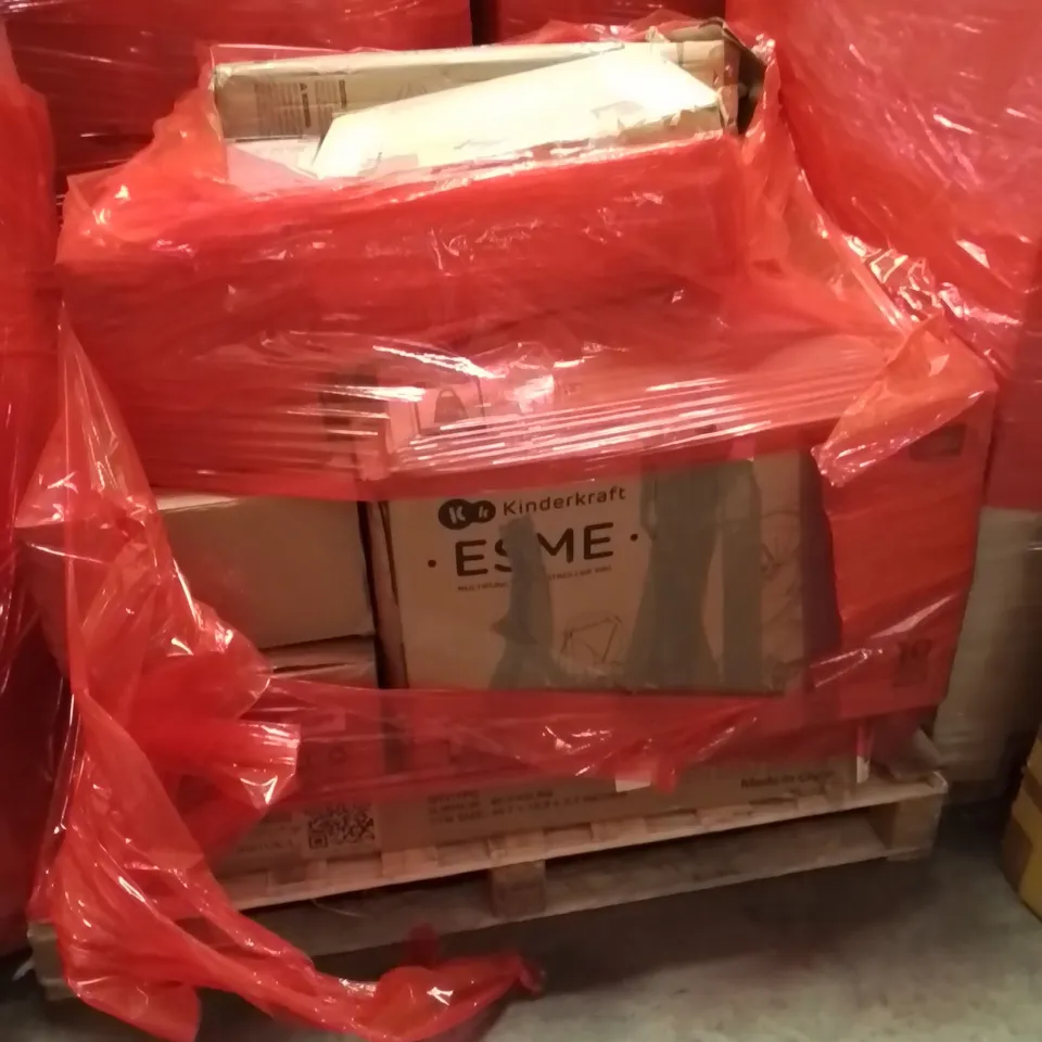 PALLET OF ASSORTED HOUSEHOLD GOODS AND PRODUCTS TO INCLUDE;BABY STROLLER,BEDSIDE TABLE,AIR COOLER