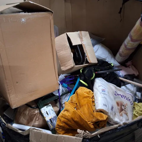 PALLET CONTAINING ASSORTED HOUSEHOLD PRODUCTS INCLUDING  CLOTHING, PLANT LINK SUPPORTS & SERENITY TOILET PAPER