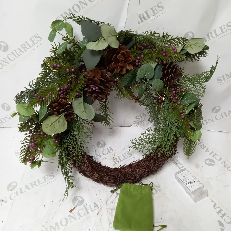 SARA DAVIES FAUX EUCALYPTUS AND BERRY PRE LIT HALF WREATH 