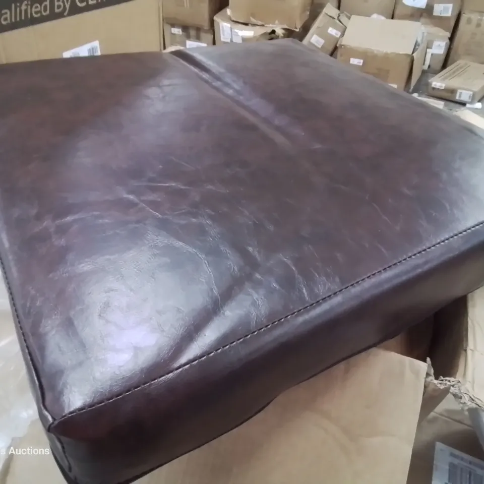BOXED DARK BROWN LEATHER CHAIR WITH WOODEN ARMS (1 BOX)