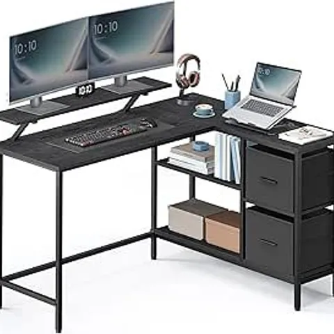 BOXED VASAGLE L-SHAPED WITH 2 SPACIOUS DRAWERS, GAMING DESK WITH MONITOR STAND, CORNER, EBONY BLACK