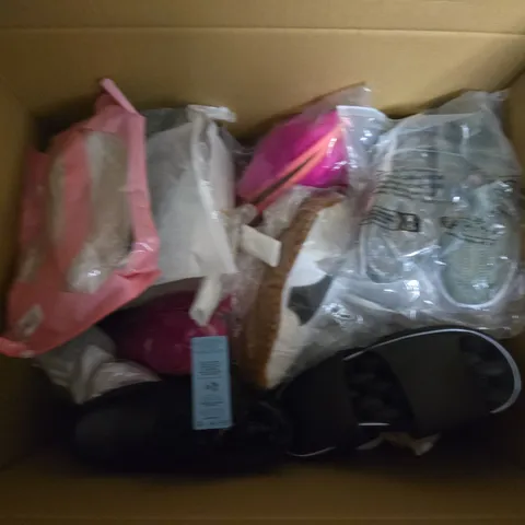 BOX OF APPROXIMATELY 12 PAIRS OF ASSORTED SHOES IN VARIOUS COLOUR, STYLES AND SIZES