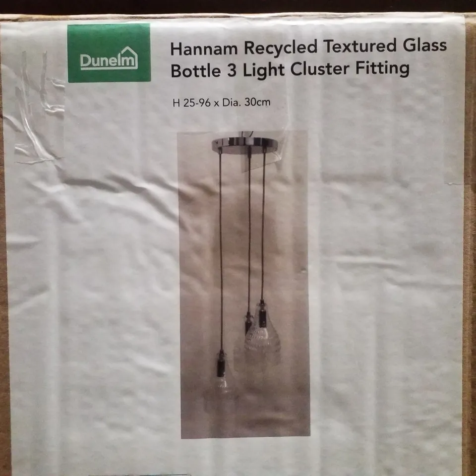 BOXED DUNELM HANNAM RECYCLED TEXTURED GLASS BOTTLE 3 LIGHT CLUSTER FITTING