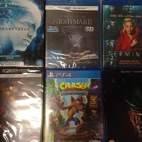 APPROX 20 ASSORTED BLU-RAY DVDS AND GAMES TO INCLUDE PS4 CRASH BANDICOOT, TERMINAL, BLADE, ETC 