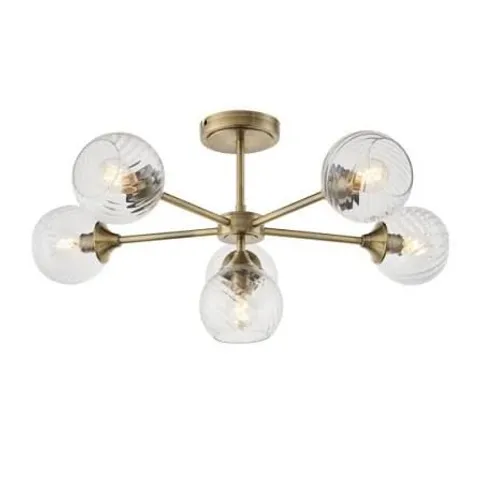 BOXED ENDON ALLEGRA 6 LIGHT SEMI FLUSH ANTIQUE BRASS PLATE AND CLEAR SPIRAL GLASS