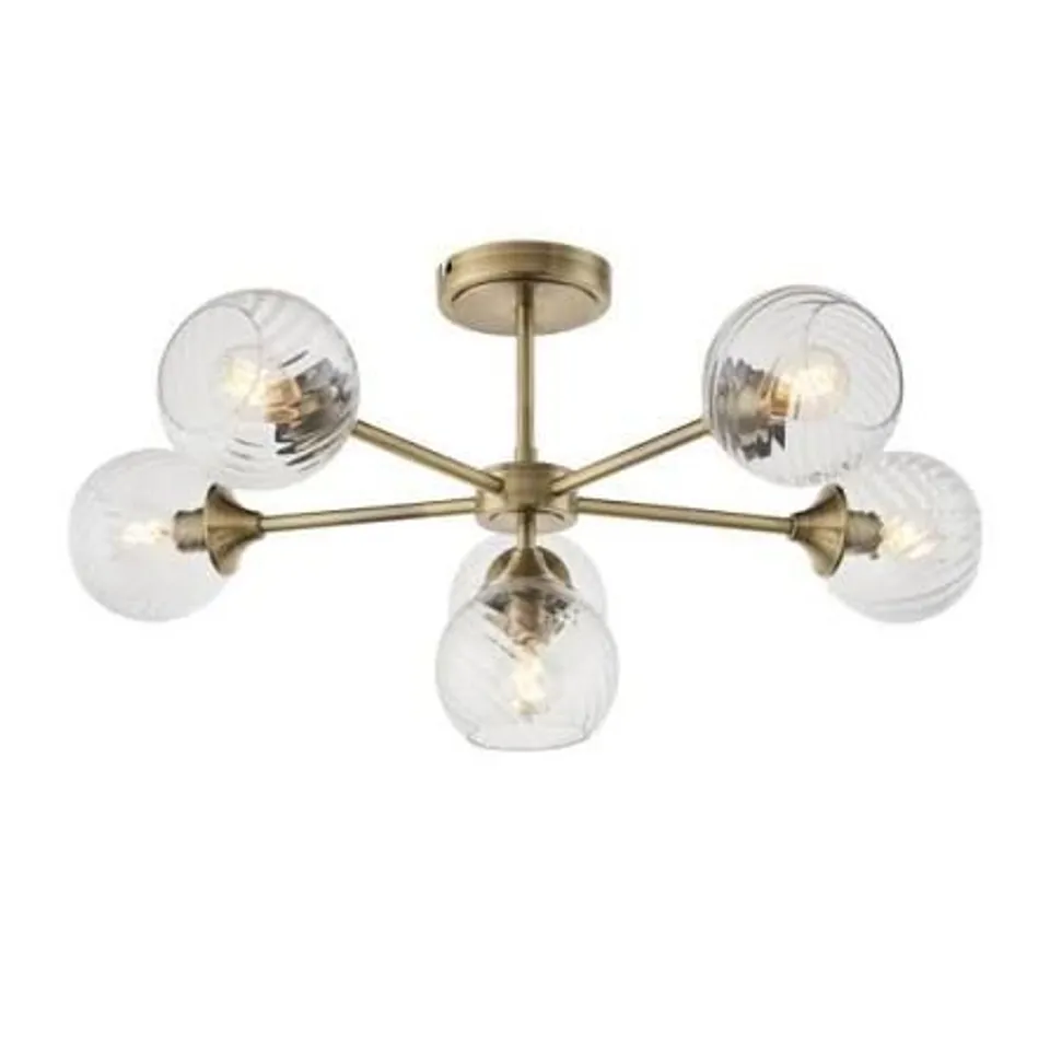 BOXED ENDON ALLEGRA 6 LIGHT SEMI FLUSH ANTIQUE BRASS PLATE AND CLEAR SPIRAL GLASS