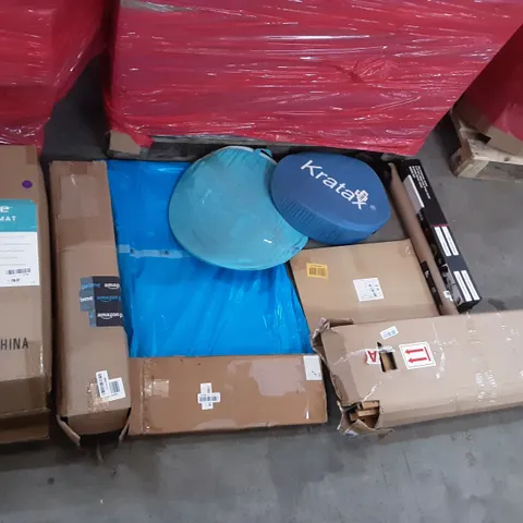 PALLET OF ASSORTED PRODUCTS TO INCLUDE VIVE FALL MAT, LARSIC MULTIPURPOSE COVER, TRX POSTER, AIR COOLER, SUNNY FEEL CHAIR WITH ARMREST AND STORAGE POUCH, HAYATE OTSU MOUSEPAD