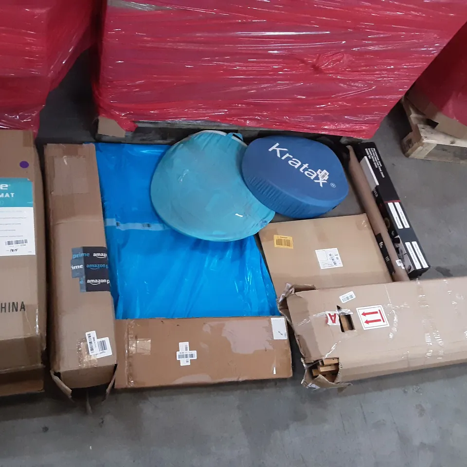 PALLET OF ASSORTED PRODUCTS TO INCLUDE VIVE FALL MAT, LARSIC MULTIPURPOSE COVER, TRX POSTER, AIR COOLER, SUNNY FEEL CHAIR WITH ARMREST AND STORAGE POUCH, HAYATE OTSU MOUSEPAD