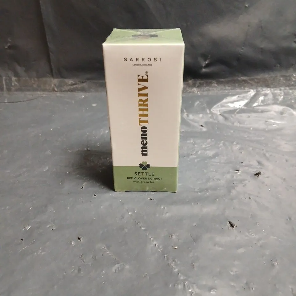 BOX OF APPROXIMATELY 30 SEALED SARROSI MENO THRIVE SETTLE AROMATHERAPY OIL 30ML – RED CLOVER EXTRACT WITH GREEN TEA