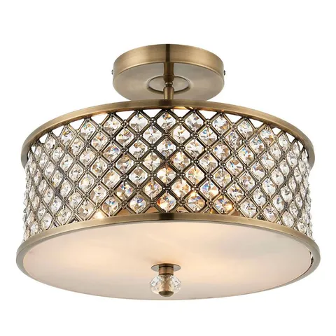 BOXED JENSON ANTIQUE BRASS WITH CLEAR K5 CRYSTAL GLASS DROPS DECORATIVE 3 LIGHT SEMI FLUSH CEILING LIGHT