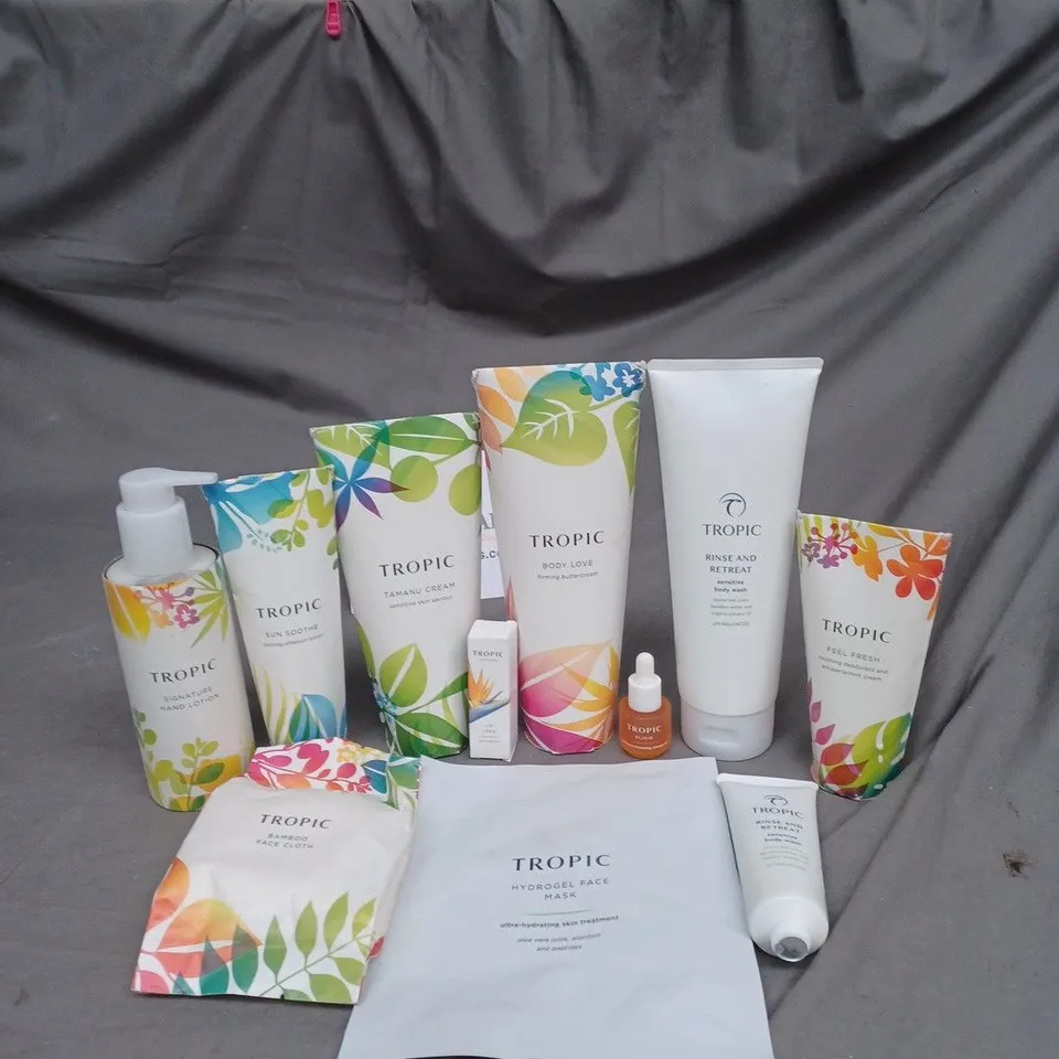 LOT OF 11 TROPIC SKIN CARE PRODUCTS TO INCLUDE HAND LOTION, FACE MASK AND A BAMBOO FACE CLOTH