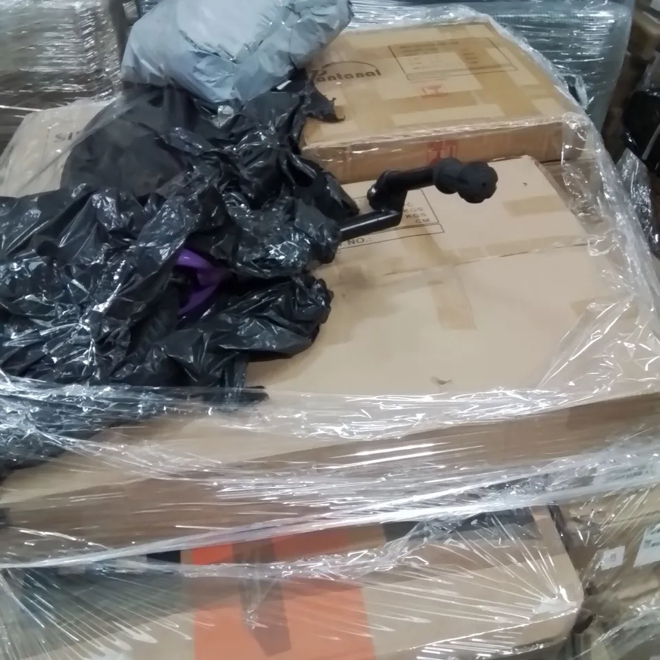 PALLET CONTAINING VARIOUS ASSORTED ITEMS TO INCLUDE,  GAZEBO, KIDS BICYCLE, BATHROOM MIRROR CABINET, PIZZA OVEN, COMPUTER DESK  CAT TREE, KITCHEN SHELVES AND LOTS MORE UNMARKED BOXED ITEMS 