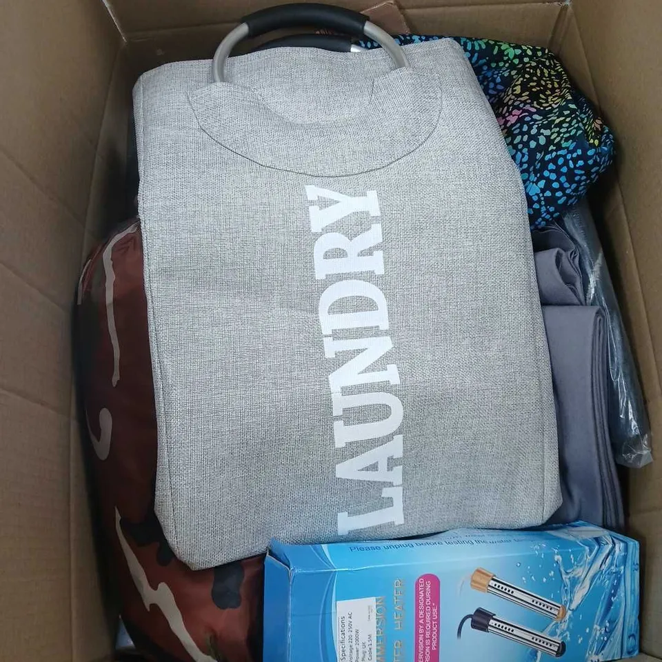 BOX OF APPROXIMATELY 20 ASSORTED ITEMS TO INCLUDE LAUNDRY BASKET, IMMERSION WATER HEATER ETC