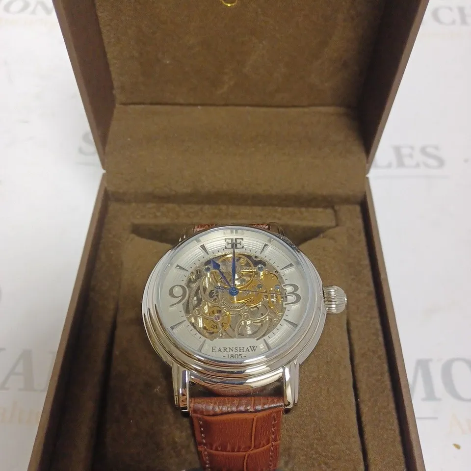 BOXED EARNSHAW LONDON BROWN GENUINE LEATHER WATCH