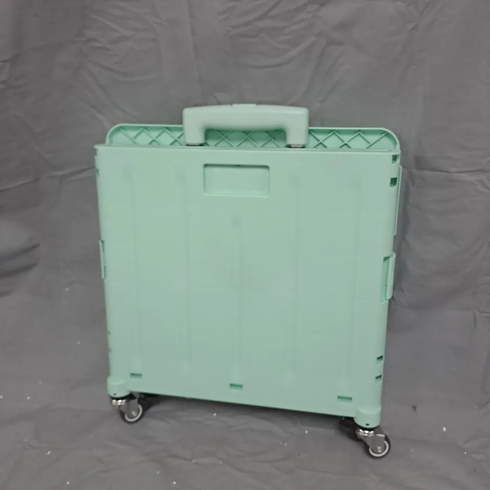 MINT GREEN PLASTIC STORAGE TROLLEY ON WHEELS