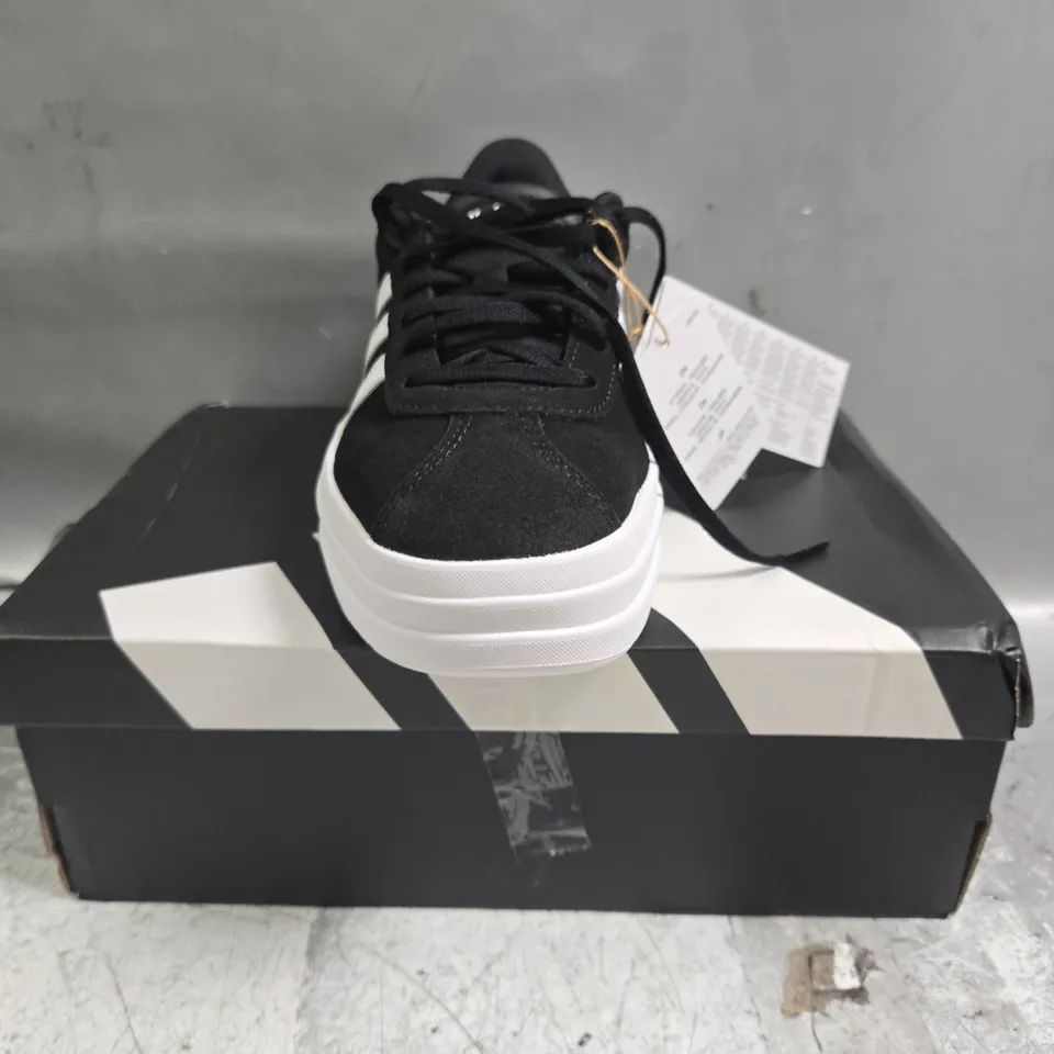 BOXED PAIR OF ADIDAS VL COURT BOLD SHOES IN BLACK/WHITE SIZE UK 4.5