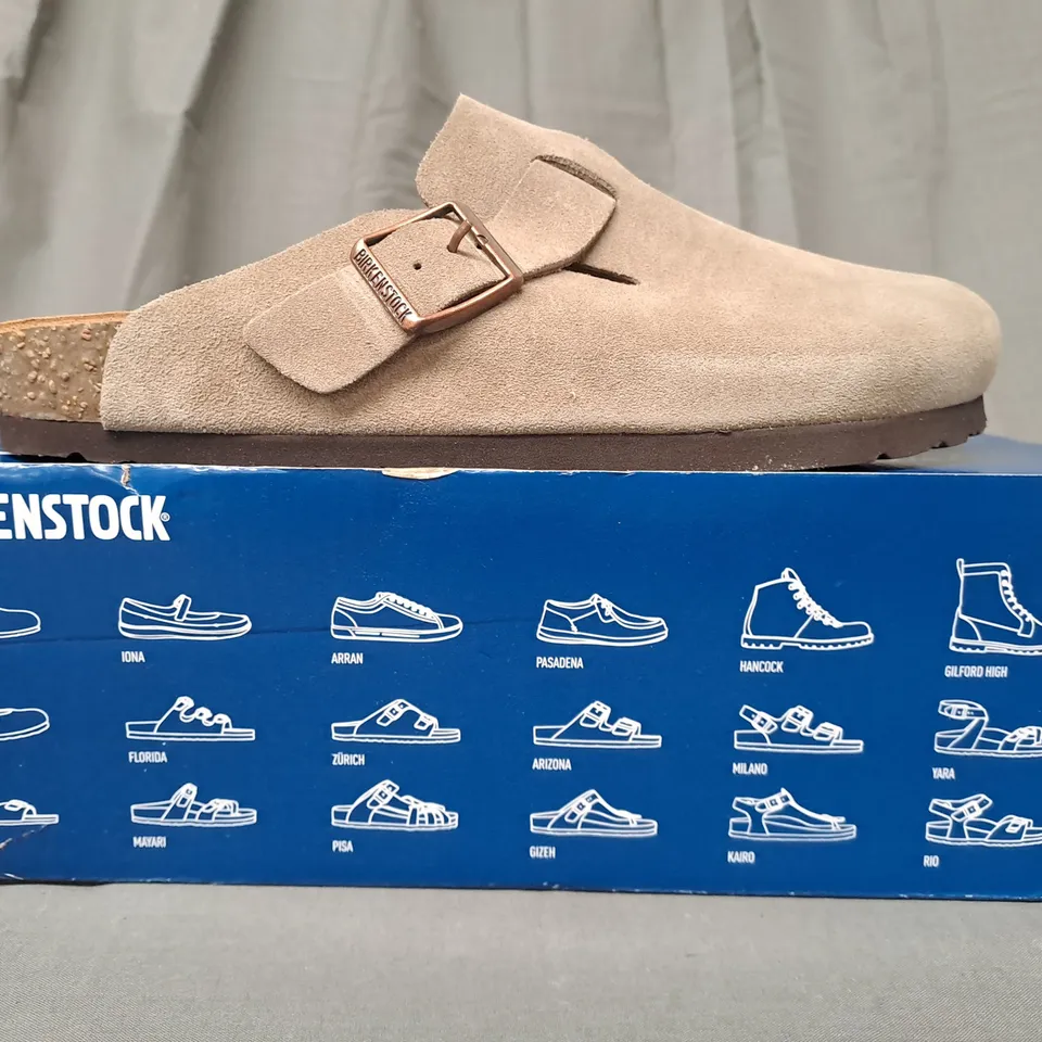 BOXED PAIR OF BIRKENSTOCK CLOSED TOE SHOES IN TAUPE EU SIZE 41