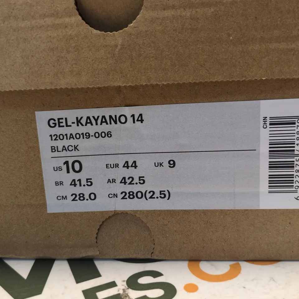BOXED PAIR OF ASICS GEL-KAYANO 14 MEN'S RUNNING SHOES – BLACK, UK 9 