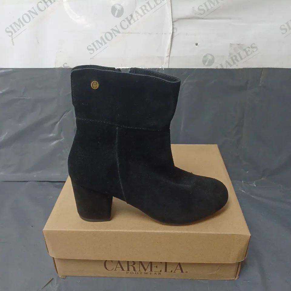 BOXED PAIR OF BLACK SUEDE ANKLE BOOTS SIZE 36