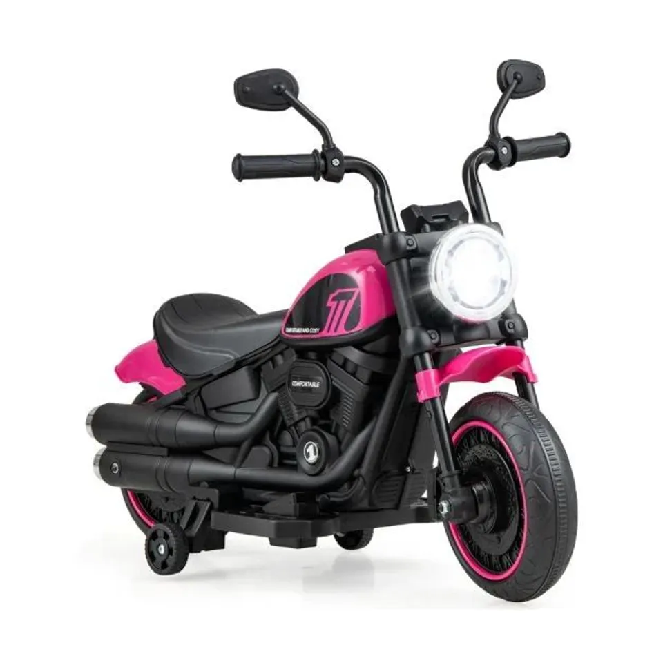 BOXED BATTERY POWERED MOTORBIKE WITH TRAINING WHEELS AND THREADED TIRES FOR TODDLERS - PINK (1 BOX)