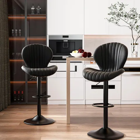 BOXED SET OF 2 BLACK FABRIC UPHOLSTERED BAR STOOLS