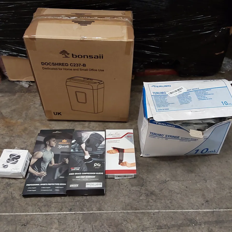 PALLET OF ASSORTED ITEMS INCLUDING: PAPER SHREDDERS, TOZO WIRELESS EARBUDS, SPORTS INJURY COMPRESSION PRODUCTS, TERUMO 10ML SYRINGES 