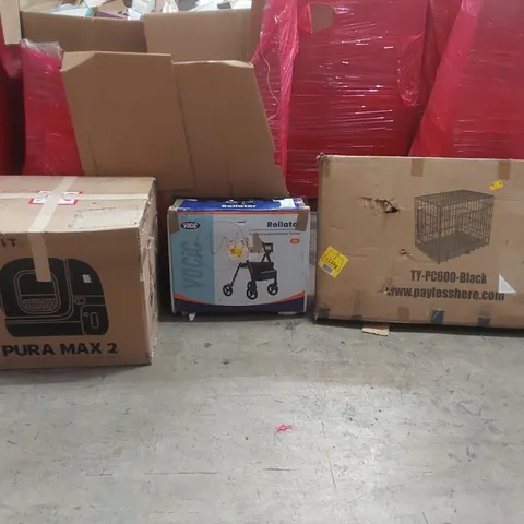 PALLET OF ASSORTED ITEMS TO INCLUDE: SELF CLEANING CAT LITTER BOX, MOBILITY WALKER, PET CRATE, SKIN CARE SETS, TOYS, BEARD KITS ECT