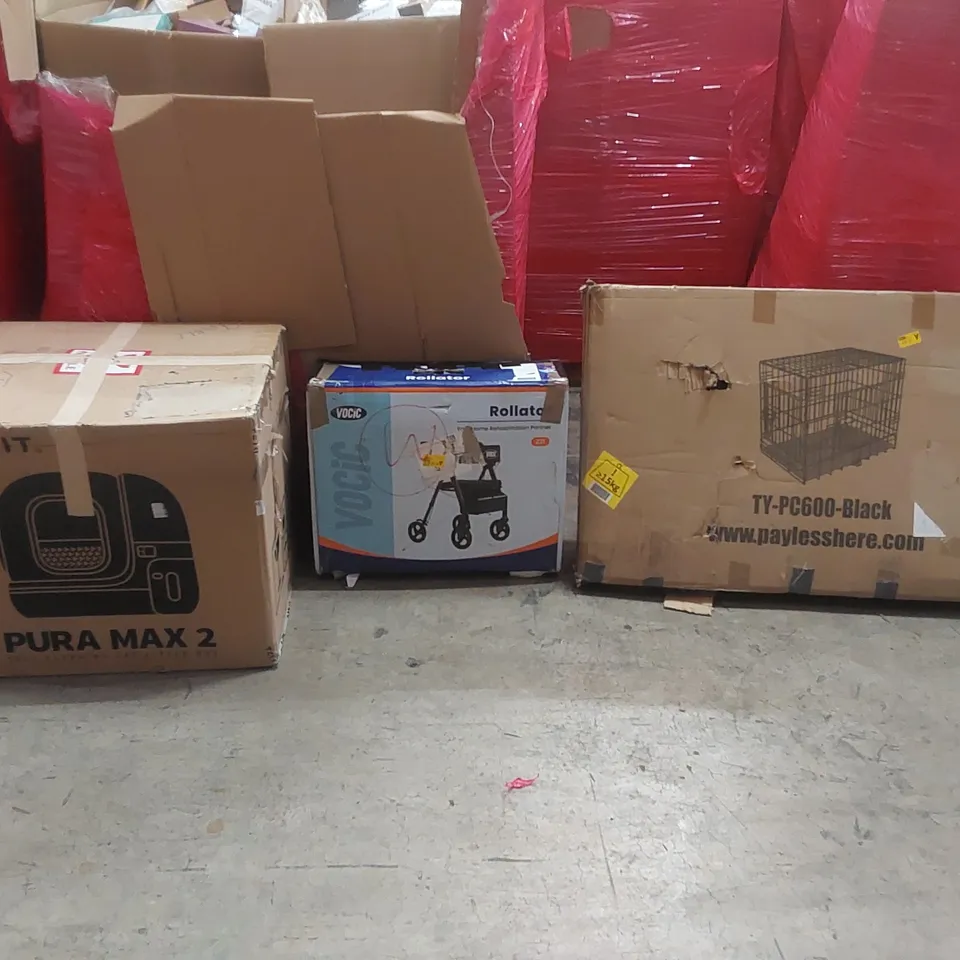 PALLET OF ASSORTED ITEMS TO INCLUDE: SELF CLEANING CAT LITTER BOX, MOBILITY WALKER, PET CRATE, SKIN CARE SETS, TOYS, BEARD KITS ECT