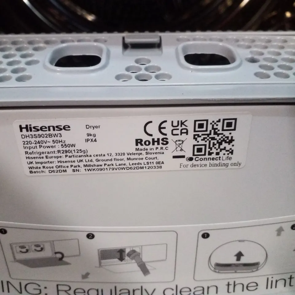 HISENSE 3S SERIES DH3S902BW3 9KG HEAT PUMP TUMBLE DRYER - WHITE