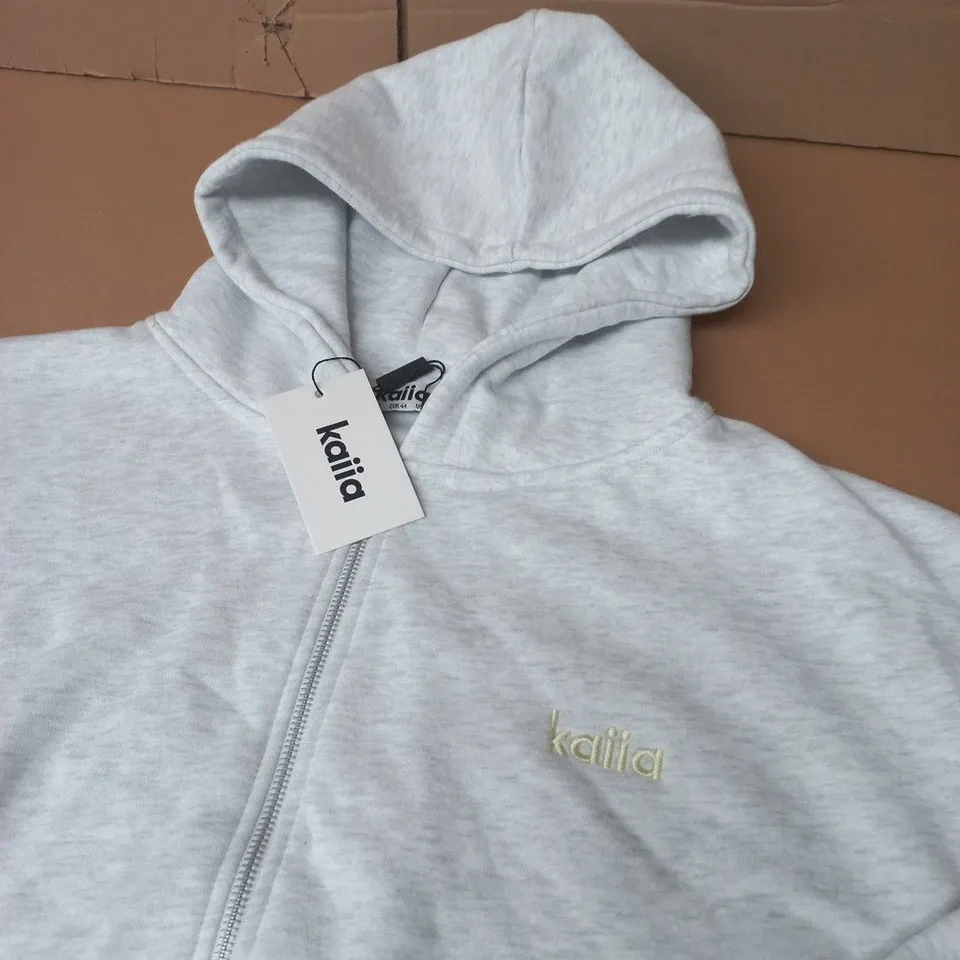 KAÏLA CROPPED ZIP THROUGH HOODIE – LIGHT GREY MARL, UK 16