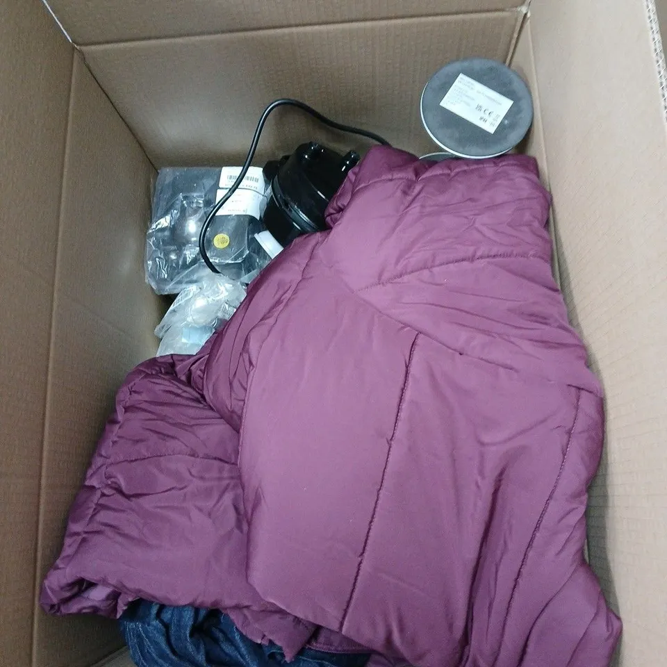 BOX OF APPROXIMATELY 15 ASSORTED HOUSEHOLD ITEMS TO INCLUDE TRAINERS, EARPHONES, PERIOD PROOF BRIEF, CLOTHING ETC