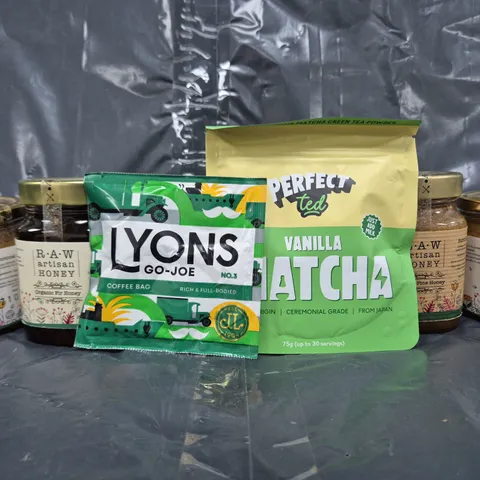 APPROXIMATELY 5 ASSORTED FOOD ITEMS TO INCLUDE VANILLA MATCHA, HONEY, ETC