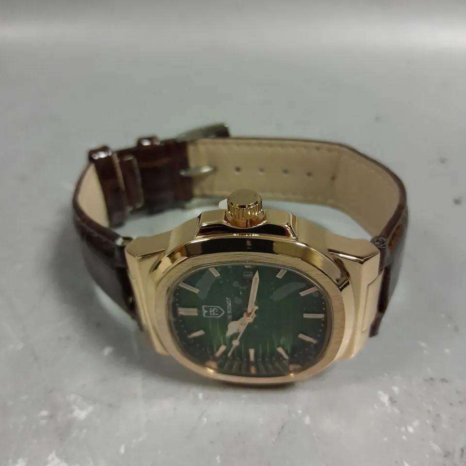 MENS FRANK SCHMIDT WATCH – TEXTURED DIAL WITH DATE – LEATHER STRAP- MODEL: FSL AMBASSADOR – 3ATM WATER RESISTANT