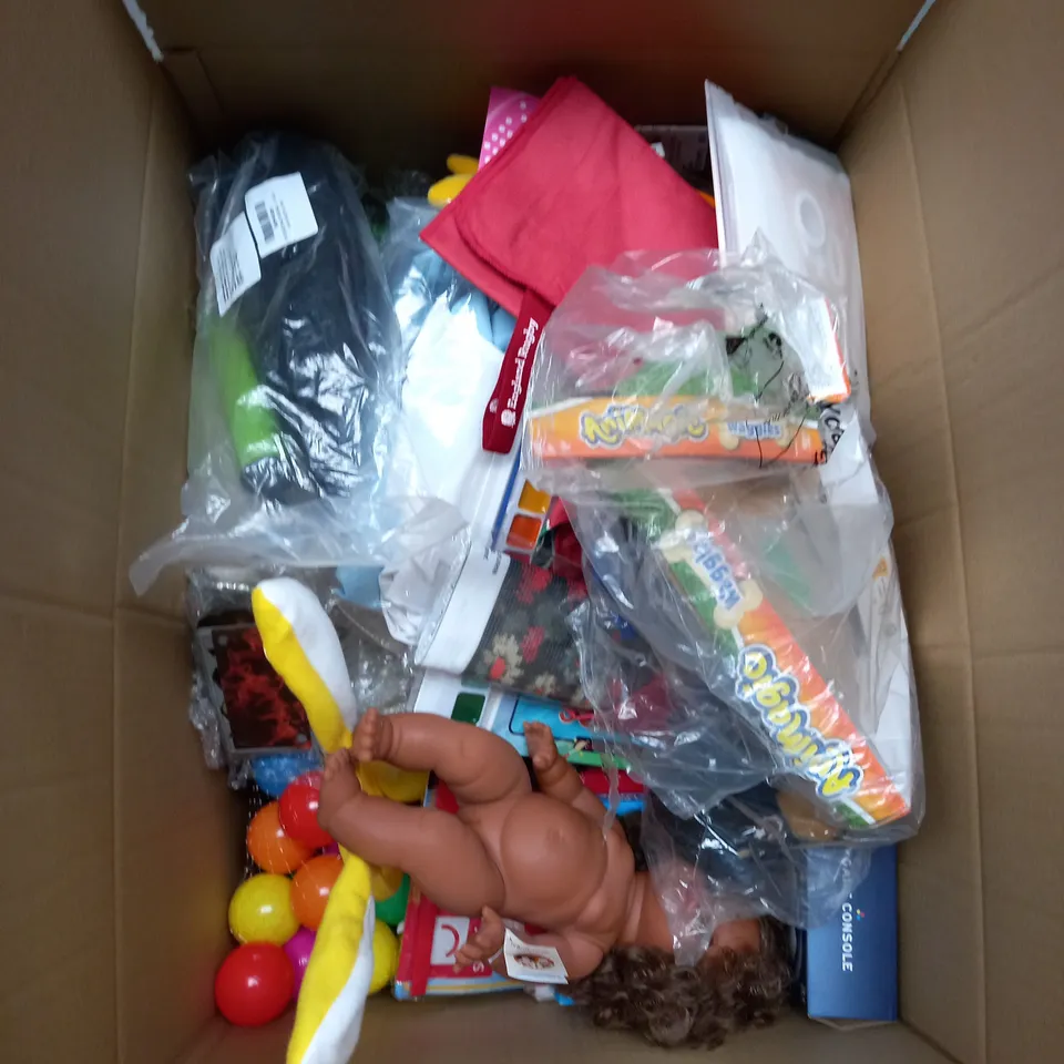 LARGE BOX OF ASSORTED TOYS AND GAMES TO INCLUDE JIGSAWS, BALL PIT BALLS AND CARD GAMES