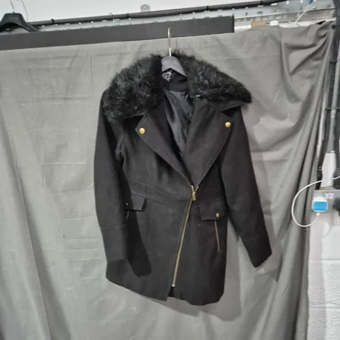 ATMOSPHERE BLACK FUR-TRIM COAT, UK 16 (WOMEN)