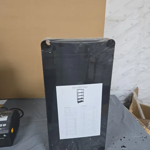 BLACK PLASTIC FIVE-SHELF STORAGE UNIT WITH INSTRUCTION SHEET