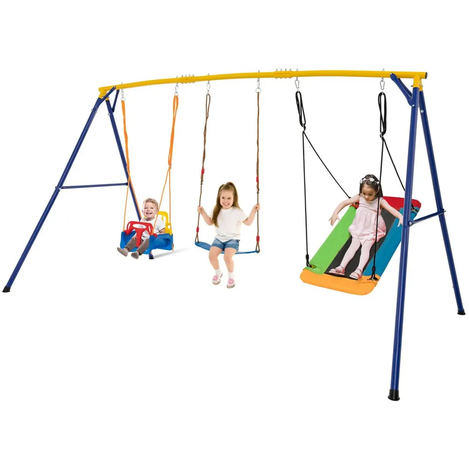 BOXED COSTWAY BLUE AND YELLOW SWING SET WITH CARBON STEEL SWING FRAME